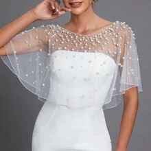 1 PC Trắng Faux Pearl Ngắn Áo Choàng Cô Dâu Áo Choàng Váy Cưới Bolero Quần Áo Mùa Thu Cho Phụ Nữ - VG27 - Xem 10