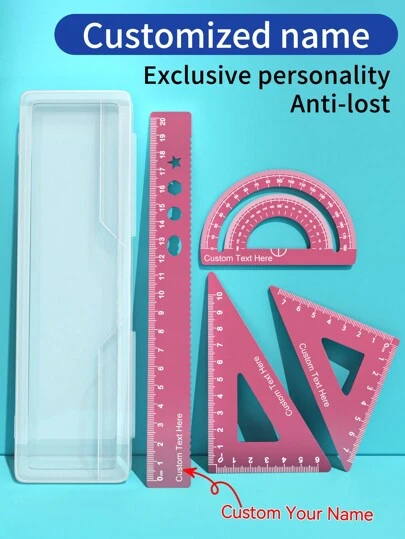 Set de 4 piezas de reglas de triángulo de aluminio personalizadas, regla ondulada, transportador, juego de reglas de metal de 15 cm/20 cm, con nombre grabado, herramientas de medición, excelente regalo de vuelta a la escuela, multifuncional, ornamental, reutilizable, moderno, colorido, lindo, vintage, de dibujos animados, Kawaii, personalizado, único, para trabajadores, clientes, estudiantes, para negocios/trabajo/oficina, para la escuela