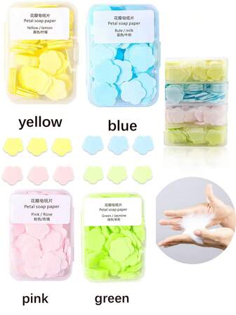 4 pièces/paquet (110 feuilles/paquet) Papiers de savon de bain parfumés jetables et portables pour voyages, tranches fines flottantes de multi-couleurs convenant pour les voyages, le lavage des mains, l'intérieur, l'extérieur, le camping, la randonnée, les produits essentiels de voyage