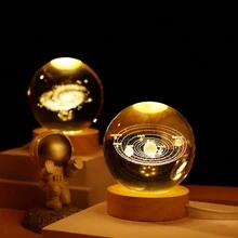 1pc USB Powered 3D Illuminated Glass Crystal Ball LED Night Light With Wooden Base, Home & Room Decor Night Lamp, Solar System, Moon, Galaxy, Saturn Pattern 3D Night Light, Indoor Desk Lamp, Back To School Or Birthday Gift For Friends And Classmates, Nursery Decor Light, Baby Shower Party Home Decor Gift - trong suốt - Xem 4