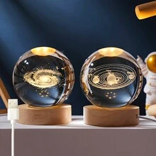1pc USB Powered 3D Illuminated Glass Crystal Ball LED Night Light With Wooden Base, Home & Room Decor Night Lamp, Solar System, Moon, Galaxy, Saturn Pattern 3D Night Light, Indoor Desk Lamp, Back To School Or Birthday Gift For Friends And Classmates, Nursery Decor Light, Baby Shower Party Home Decor Gift - trong suốt - Xem 5