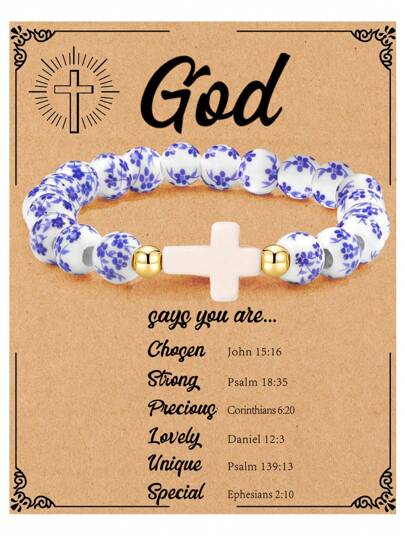 1pc 8mm Cross Charm Beaded Bracelet For Women Vintage Chinese Style Cross Elastic Ceramic Beaded Bracelet With Flower Blue And White Porcelain Design Cross Bracelet, Christian Gifts For Women, Gifts For Women, Encouragement Gift, Friend Gifts, Sister Birthday Gifts, Gifts, Inspirational Gifts, Christmas Gifts Valentines,Mom,Mother,Mother's Day,Gift