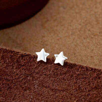 1 Pair Mini Sterling Silver Star Stud Earrings For Women, Minimalist Micro-Inlaid Crystal Earrings, Sweet Star-Shaped Silver Jewelry