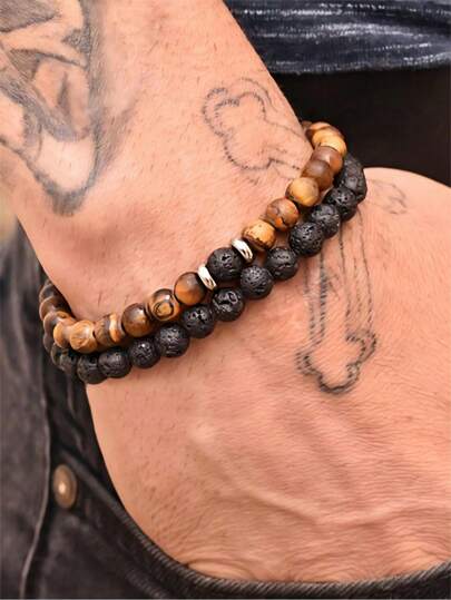 2pcs/Set 6mm & 8mm Men Natural Agate Volcanic Stone Elastic Beaded Bracelet Set