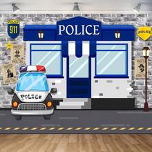 1pc Blue Police Station Themed 1st Birthday Photography Backdrop Cloth,Christmas