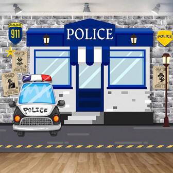1 pièce Toile de fond pour photographie du thème de la station de police bleue pour le 1er anniversaire, Noël