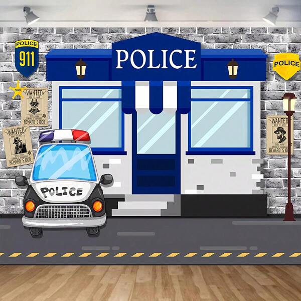 1pc Blue Police Station Themed 1st Birthday Photography Backdrop Cloth,Christmas