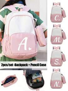 2 buc/Set Rucsac drăguț pentru studenți, rucsac simplu cu fermoar de capacitate mare, rucsac și geantă de papetărie, cu litere albe în formă de inimă A-Z, rucsac înapoi la școală, geantă de umăr de mare capacitate, echipat cu geantă de papetărie de aceeași culoare, rucsac pentru computer la modă și casual asortat pentru campus , Rucsac de damă, Rucsac de călătorie, Vacanță de călătorie, Sport în aer liber, Școală de fete, Studentă de fete, Cadou pentru fiica iubită, Cadou pentru întoarcerea la școală, Potrivit pentru uz școlar