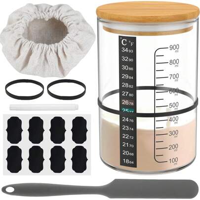 9 Stücke Sauerteigstarter Glas Set mit 900ML Fassungsvermögen, großer Sauerteigstarter Behälter mit Deckel, Spatel, Markierungsband und Temperaturpapier, wiederverwenbare, weithaltige Glas-Sauerteifärmentiergläser für's Backen