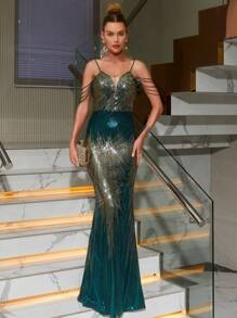 Rochie de seară cu bretele spaghete și decor paiete pentru femei, rochie de petrecere, rochie de nuntă pentru invitați, rochie formală - Multicolor - Vizualizare 1