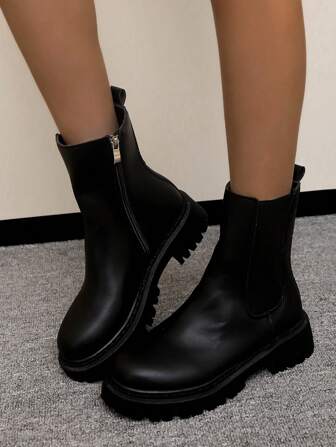 Svarta Chelsea-stövlar i läder med dragkedja i sidan för kvinnor - Grova platåstövlar för höst/vinter - Moderiktiga vardagsstövlar för kvinnor