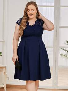 MIUSOL Vestido panel con encaje unicolor - Azul Marino - Ver 4