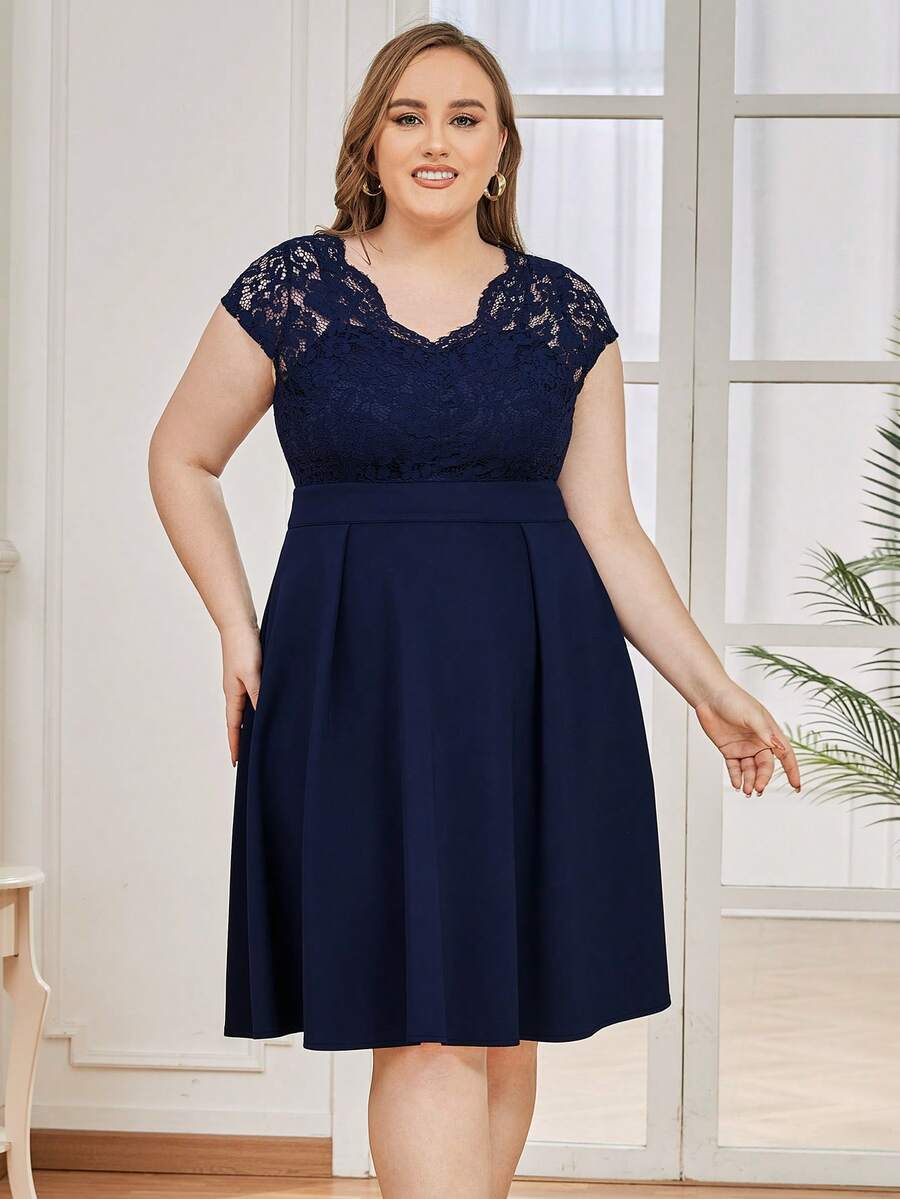 MIUSOL Vestido panel con encaje unicolor - Azul Marino - Ver 1