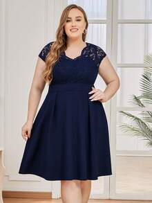 MIUSOL Vestido panel con encaje unicolor - Azul Marino - Ver 3