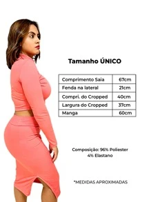 Women's Set Midi Skirt With Slit + Cropped High Neck Long Sleeve - 米色 - 查看 4