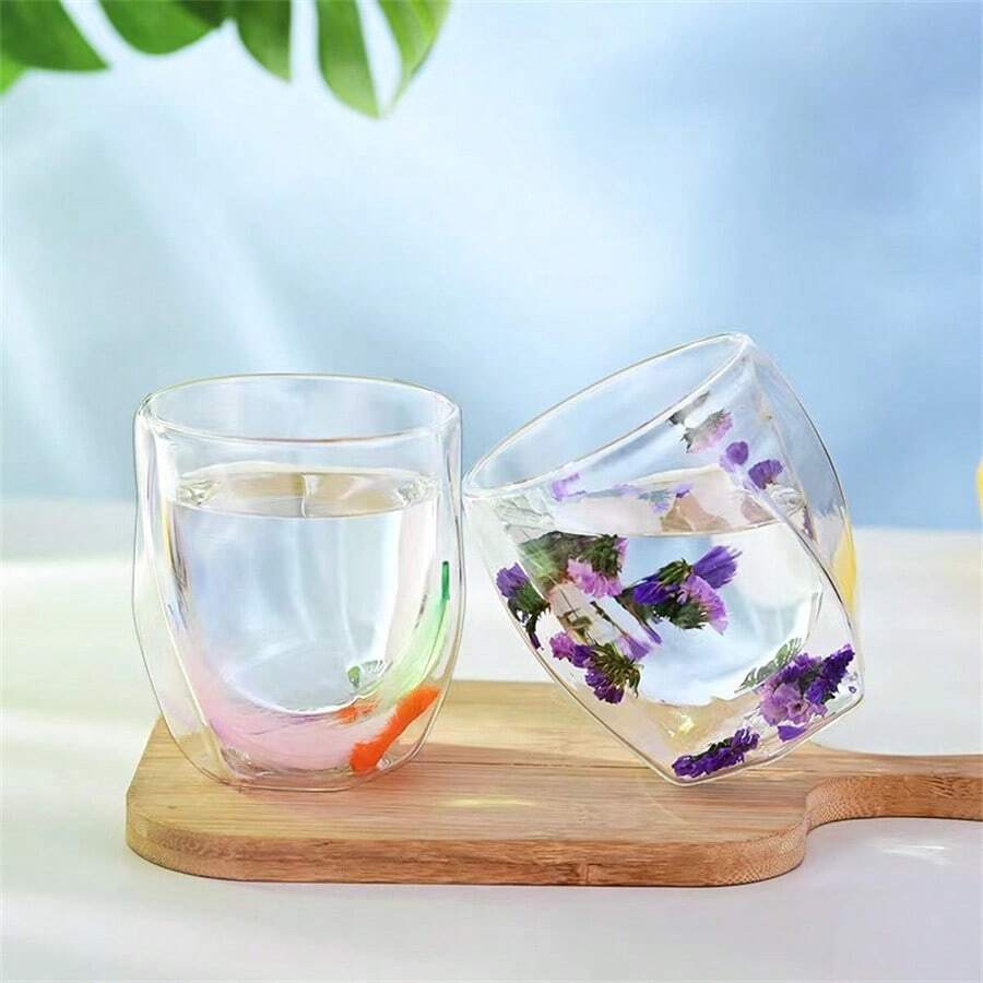 Tazas de flores transparentes - Taza de café con flores secas de 200 ml de capacidad, taza de café con flores de gran capacidad | Elegante taza de café con flores secas con mango, creativas tazas de flores con doble aislamiento para café, té, jugos - Multicolor - Ver 1