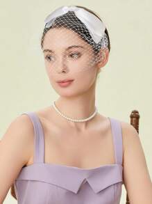 1pc 1920s Style White Veil Headpiece For Women, Suitable For Cocktail Parties, Churches, Vintage Inspired, Mesh Headband With Bow, Bridal Wedding Tea Party Hair Accessory ,Hair Band ,Diadema ,Hair Hoop Head Accessories