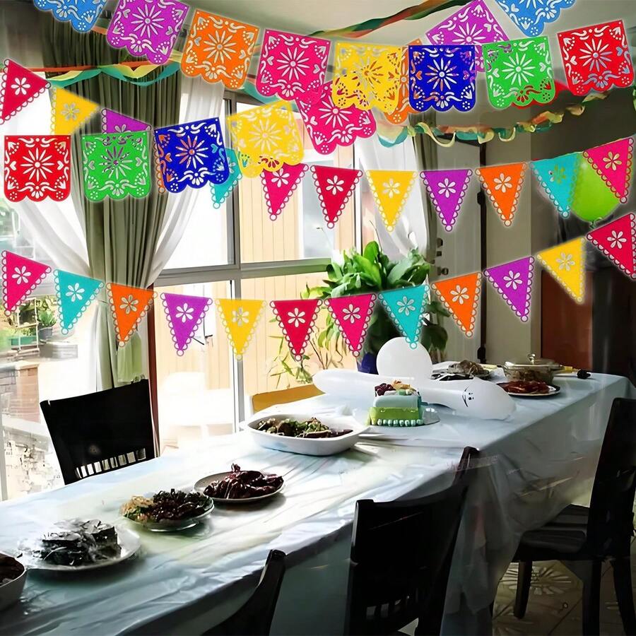 1pc Seven Color Hollow Flag Banner, Family Party Hanging, Ceiling Window Decoration Pull Flag, Pinata Theme Rave Party Pull Flower - Multicolor - View 1