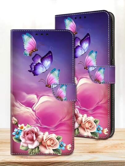 GLANDOTU Funda protectora de teléfono móvil de piel de PU con diseño de flor y mariposa, con soporte para tarjetas y cierre magnético, adecuada para varias marcas y modelos de teléfonos móviles, resistente al agua, a caídas y a arañazos, con cobertura completa
