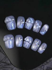 Decoración de encantos de uñas 3D de hada de la aurora, medusa, diseño de arte de uñas azul grisáceo brillante del ojo de gato, 100% hecho a mano, 10 piezas de puntas de uñas postizas cortas cuadradas, reutilizable pegatina para uñas uñas falsas uña falsa uña acrílica