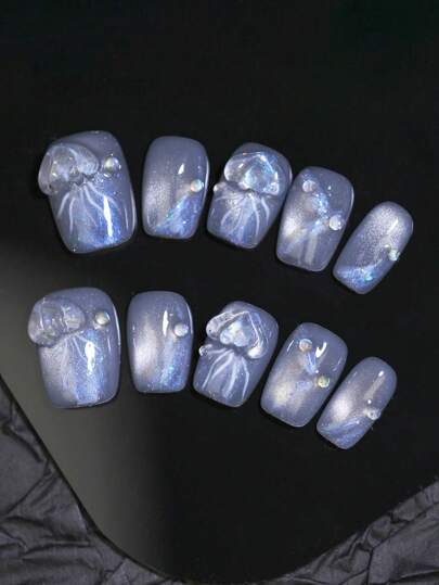 极光仙女水母 3D 指甲饰品手工指甲半透明雾霾蓝闪光猫眼美甲设计 100% 手工制作按压指甲 10 片短方形假指甲可重复使用指甲贴纸美甲用品