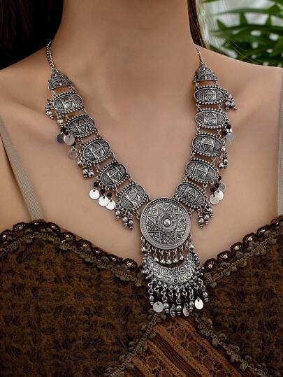 قلادة قلادة معلق عملة بروكية رجعية قطعة واحدة، قلادة بوهيمية راقية للنساء، إكسسوار رحلة مشرب للاستخدام اليومي العادي'