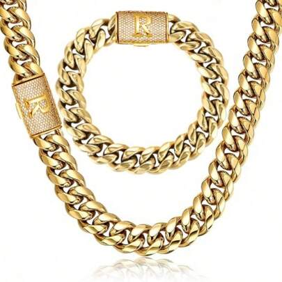 2pcs Thick 18K Gold Plated Hip Hop Jewelry Set Stainless Steel 14mm Men Curb Punk Link Chain Initial Letter R Buckle  Necklace Bracelet