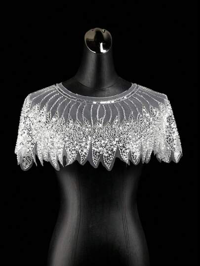 1pc Elegant European Style Bridal Sequin Shawl, Luxurious Mesh Wedding Dress Accessory, Non-Stretch, Dry Clean Only, Fashionable Scarf Suitable For Wedding And Party Decor Fall Clothes For Women