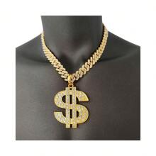 14mm Bling Bling Rhinestone Encrusted Chain Necklace With Dollar Sign Pendant For Men, Alloy Gold-Plated