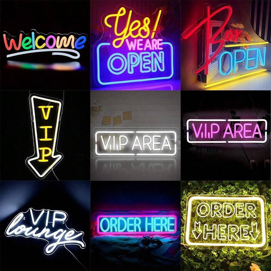酒吧营业/我们营业/贵宾休息室/贵宾区/欢迎/在此订购霓虹灯标志用于商业，霓虹灯营业标志发光营业标志电光营业标志用于商业店面窗户玻璃门零售店酒吧沙龙餐厅美容室 - 彩色 - 查看 1