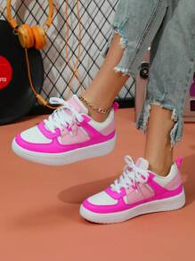 Unisex 35-45 Large Color Block Patchwork Casual Sports Sneakers, Skate Shoes, College Style Sneakers For Women, Flat Thick Bottom Fashion Sneakers, Low Top Lace-Up White Shoes, Outdoor Shoes, Walking Running Travel Casual Shoes - White Pink - View 6