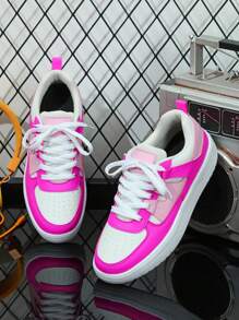 Unisex 35-45 Large Color Block Patchwork Casual Sports Sneakers, Skate Shoes, College Style Sneakers For Women, Flat Thick Bottom Fashion Sneakers, Low Top Lace-Up White Shoes, Outdoor Shoes, Walking Running Travel Casual Shoes - White Pink - View 5