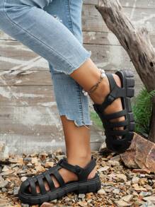 新款夏季罗马凉鞋 透气户外运动防滑凉鞋 编织增高鞋头 镂空防滑沙滩拖鞋 厚底 - 黑色 - 查看 2