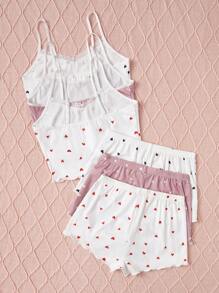 3pcs/Set Women's Solid Color Heart Print Ruffle Trim Breathable Sleepwear Set - Multicolor - View 2