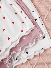 3pcs/Set Women's Solid Color Heart Print Ruffle Trim Breathable Sleepwear Set - Multicolor - View 5