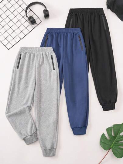 Tween Boy Casual Versatile Tricolor Zipper Pocket Solid Color Pants, Suitable For Vacation, Travel, Sports