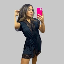 Hobby / Women's Short Plain Robe In Garter With Lace - 黑色 - 查看 1