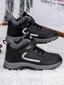 大码女式防水防滑加厚保暖内衬真皮雪地靴，冬季户外运动登山靴，情侣休闲冬鞋，中老年靴 - 黑色 - 查看 2