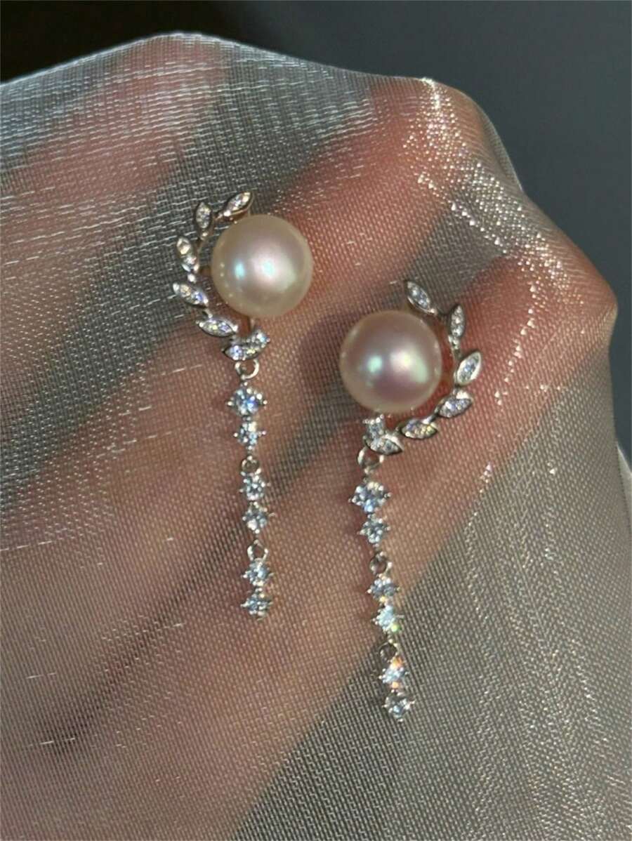 GAGAFEEL 1 对精致轻奢甜美 S925 纯银锆石珍珠叶流苏耳环，适合女士，适合宴会佩戴、正式场合佩戴 - 銀色 - 查看 1