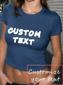 Customized Women T-Shirt - Add Your Own Text (Slogan / Motto / Expression / Life Philosophy) To Design Your Personalized Printed T-Shirt, Logo | Business | Wedding Gift | Party | Birthday Gift | Halloween Costume | Christmas Costume, Custom T-Shirt With Pet Photo Print, Anniversary Gift, Valentine's Day Gift, Birthday Gift, Wedding Gift, Best Friend Gift - Navy Blue - View 2