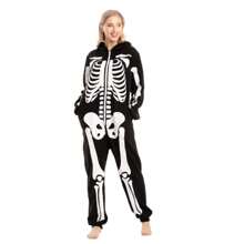 SYNCFUN Unisex Skeleton Jumpsuit Pajama Plush Skeleton Jumpsuit Zippered Halloween Hoody Pajama For Adult Sleepwear Costume