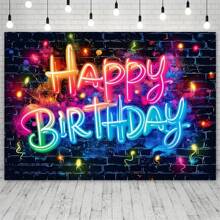 1 pieza Luz de neón que dice "Feliz Cumpleaños" que se ilumina como fondo para fiesta oscura, pared de ladrillos con grafiti, salpicaduras, fondo fotográfico colorido de estilo hip hop y decoración para sesión de fotos, Navidad - Multicolor - Ver 10