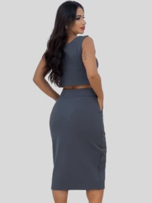 Women's Midi Skirt And Cropped Set - Grey - View 2