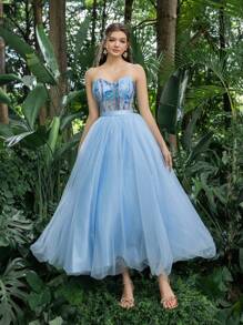 Faeriesty Shimmering Sequin Cropped Camisole With Contrasting Sheer Hem, Perfect For Homecoming, Parties, Dances And Summer Events - Blue - View 4