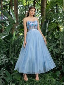 Faeriesty Shimmering Sequin Cropped Camisole With Contrasting Sheer Hem, Perfect For Homecoming, Parties, Dances And Summer Events - Blue - View 5