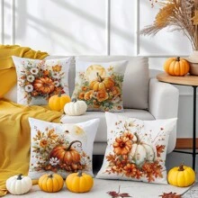 4 pièces/set 45 cm x 45 cm (17,7 po x 17,7 po) Housses de coussin à motif de citrouille et feuille d''érable de unicolore à thème automnal, en velours pêche, conviennent pour un usage quotidien en automne, décoration de maison, salon, chambre à coucher, canapé, art, design, atmosphère - Multicolore - Voir 11