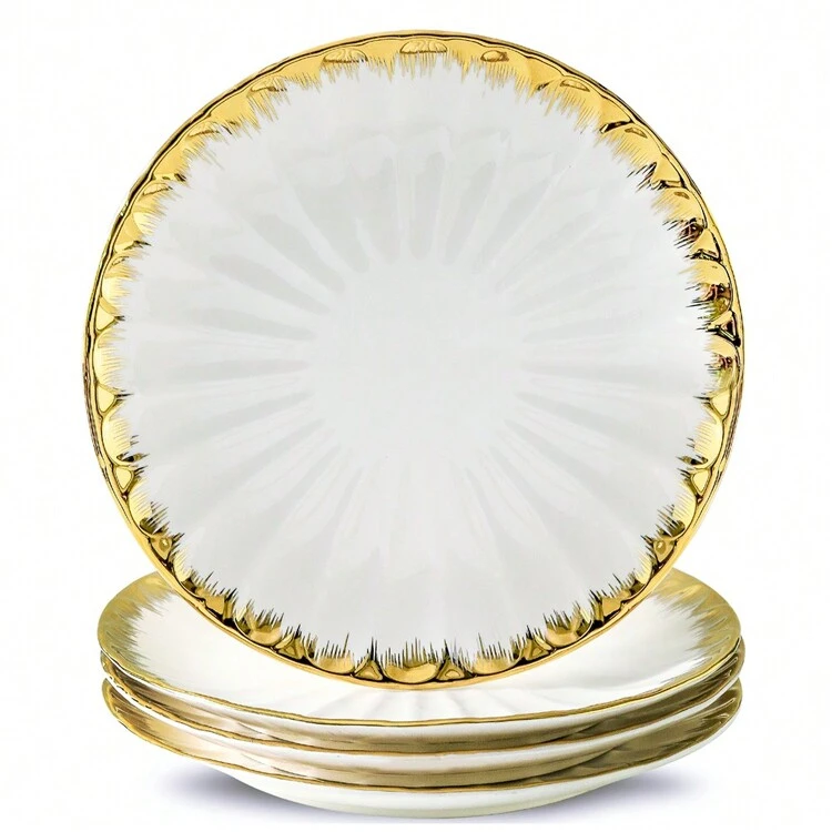 4 piezas Platos cerámicos, Plato para ensalada de 10/8 pulgadas, Plato para pasta con borde dorado hecho en casa, Plato para postres y aperitivos, Juego de platos de cerámica para comedor, Regalo de Navidad - Dorado - Añade 13