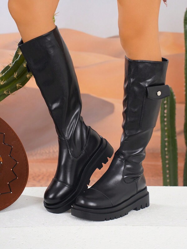 2024 neue vielseitige französische Langschaftstiefel, Schwarz mit dicker Sohle Kniehohe Reiterstiefel