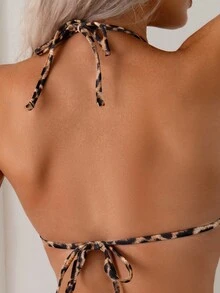 Women's Halter Neck Tie Back Bowknot Crop Top And Side Tie Bottoms Sexy Leopard Print Floral Trim Triangle Bikini Set Summer - Multicolor - View 6