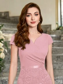 MIUSOL Đầm Bodycon cổ ren hoa dự tiệc cocktail - Màu Hồng baby - Xem 8
